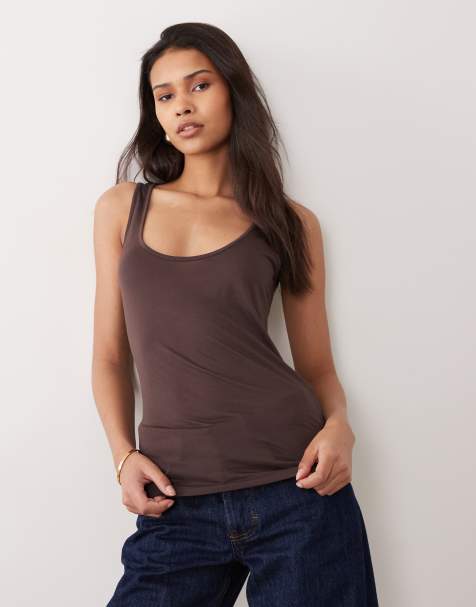 ASOS DESIGN semi sheer plunge scoop neck singlet in chocolate - view 1