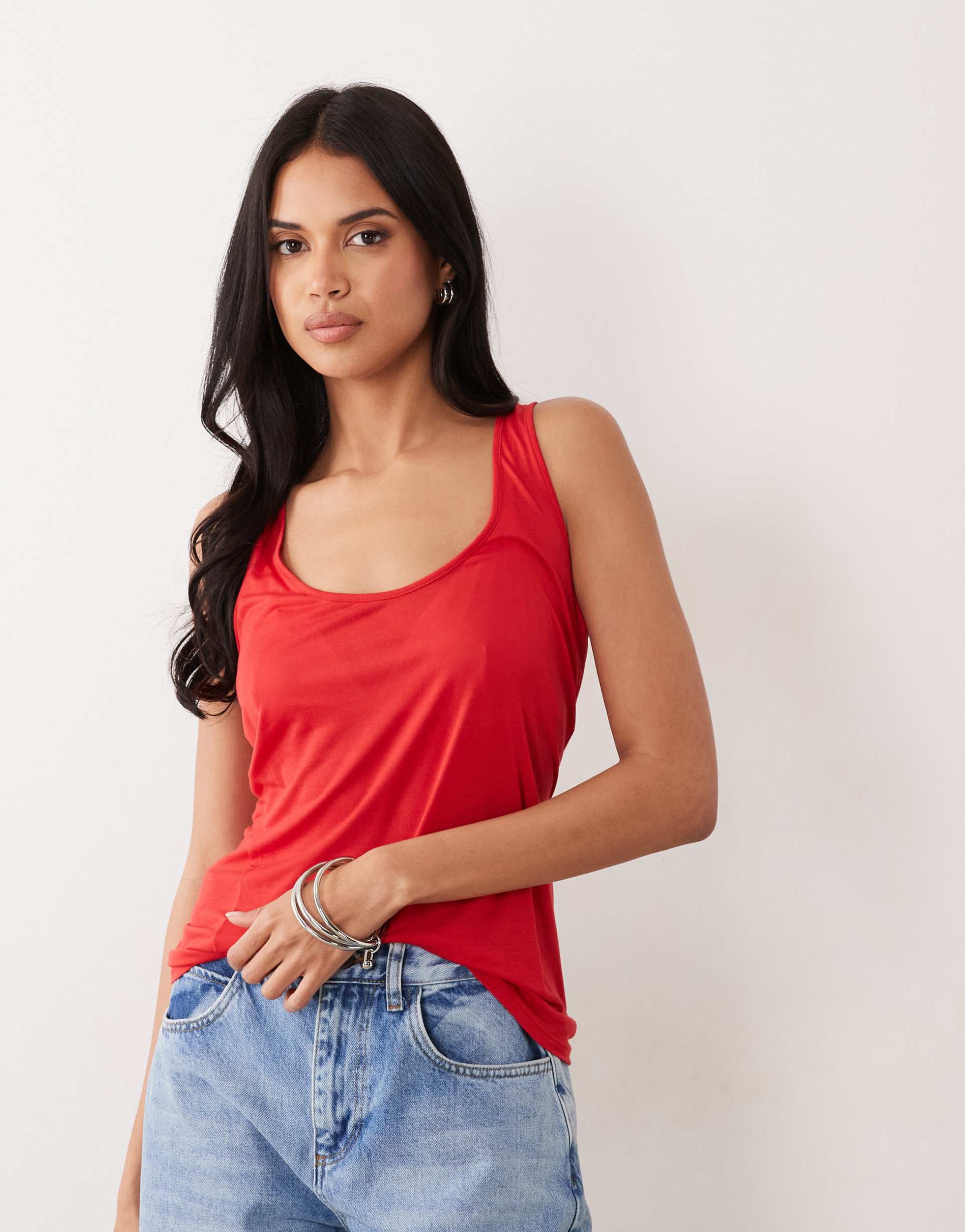 asos design semi sheer plunge scoop neck tank in red