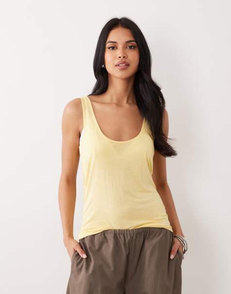 ASOS DESIGN semi sheer plunge scoop neck tank in yellow