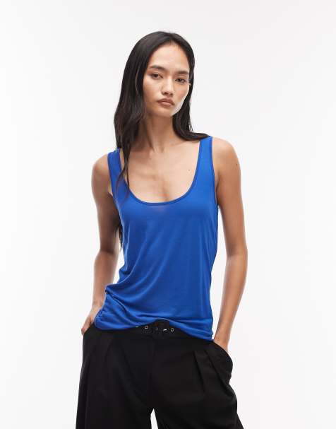 ASOS DESIGN semi sheer plunge scoop neck tank top in blue - view 1
