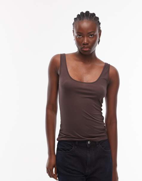 ASOS DESIGN semi sheer plunge scoop neck vest in chocolate - view 1