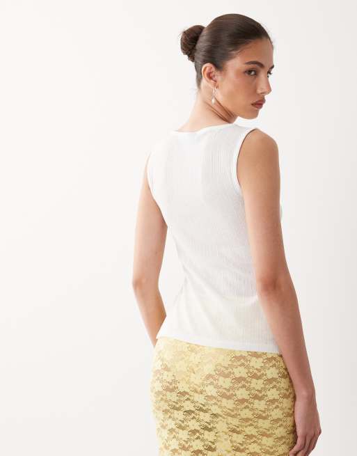 ASOS DESIGN semi sheer ribbed longline tank with side split in white, 4 of 4