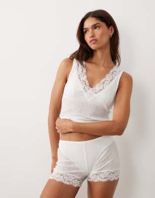 Asos Design Semi Sheer Ribbed Pyjama Shorts With Lace Trim In White