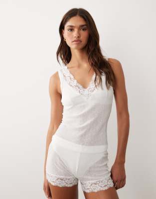 Asos Design Semi Sheer Ribbed Pajama Tank Top With Lace Trim In White