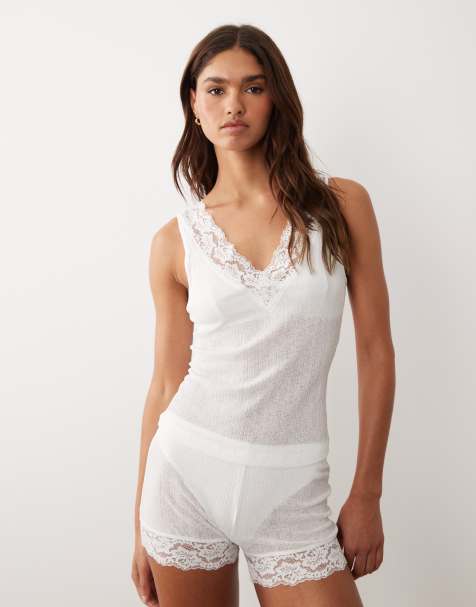 ASOS DESIGN semi sheer ribbed  pyjama vest top with lace trim in white - view 1