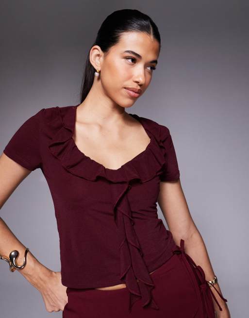 ASOS DESIGN semi sheer ruffle front top in berry