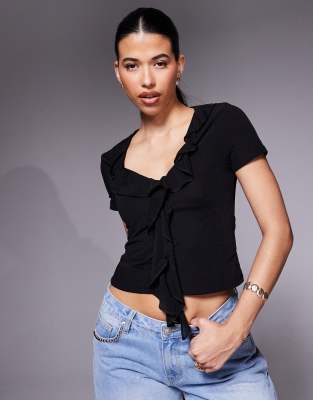 Asos Design Semi Sheer Ruffle Front Top In Black