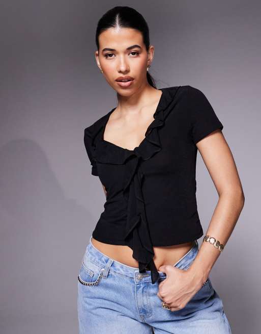 ASOS DESIGN semi sheer ruffle front top in black