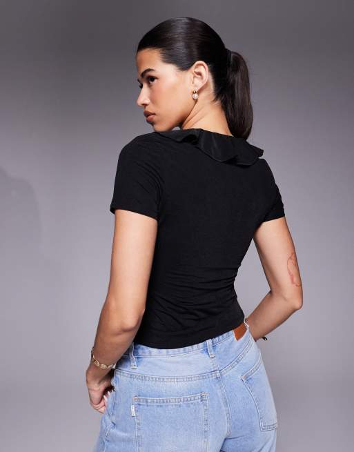 ASOS DESIGN semi sheer short sleeve v-neck ruffle front top in black, 2 of 4