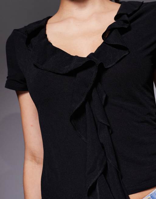 ASOS DESIGN semi sheer short sleeve v-neck ruffle front top in black, 3 of 4