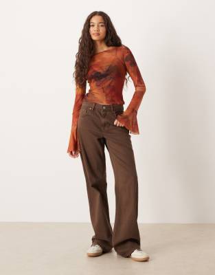 Asos Design Semi Sheer Top With Flared Long Sleeves In Brown