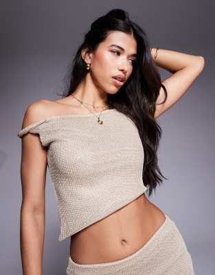 Asos Design Semi Sheer Twist Off The Shoulder Top In Gold