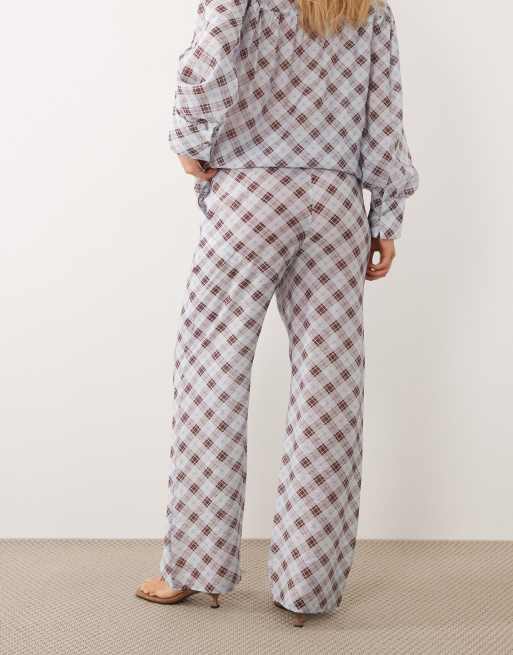 ASOS DESIGN semi sheer wide leg pull on pants in blue plaid, 5 of 5