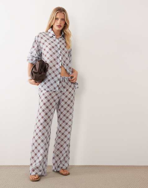 ASOS DESIGN semi sheer wide leg pull on trouser in blue check - view 1