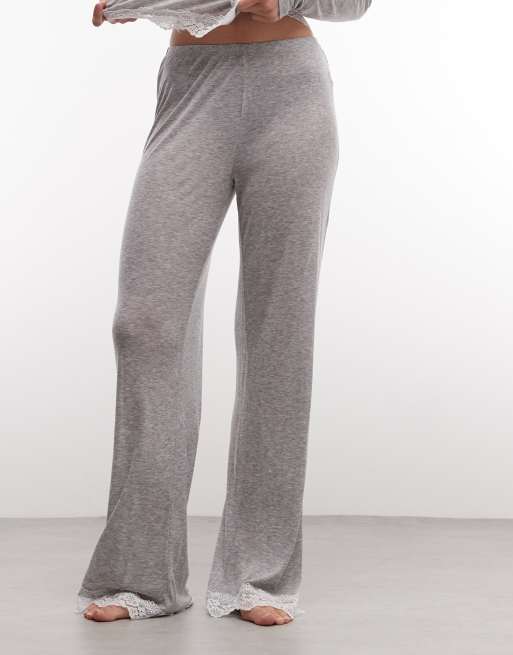 ASOS DESIGN semi sheer wide leg trouser with lace trim in grey, 3 of 5