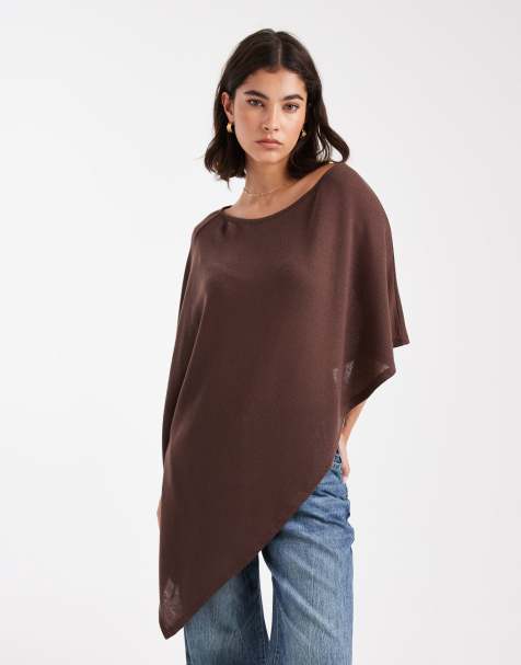 ASOS DESIGN - Semi-transparante asymmetrische cape met gebreide look en blote schouder in chocoladebruin - view 1