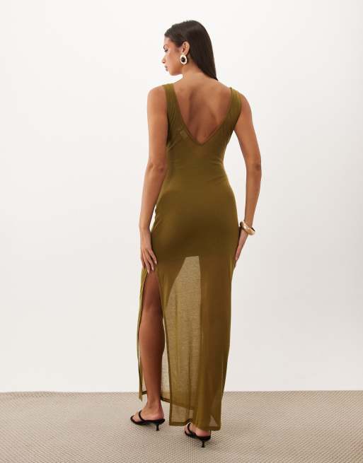 ASOS DESIGN semi-transparent strikket column maxikjole med snoet bust-detalje i oliven, 3 af 4