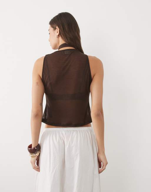 ASOS DESIGN semi-transparent striklook top med vandfaldsudskæring i chokolade, 4 af 4