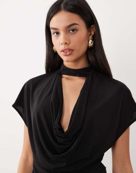 ASOS DESIGN semi-transparent top med dyb vandfaldsudskæring i sort - view 1
