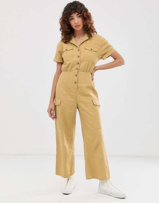 ASOS DESIGN – Senapsgul cargojumpsuit i denim