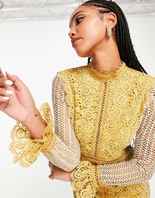 ASOS DESIGN – Senapsgul miniklänning med kontrasterande detaljer och peplum-fåll av spets, 3 av 4