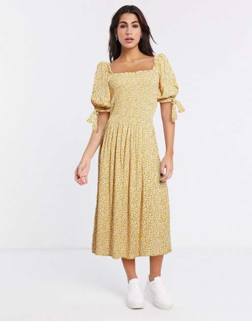 ASOS DESIGN – Senapsgul, småblommig maxiklänning med smock