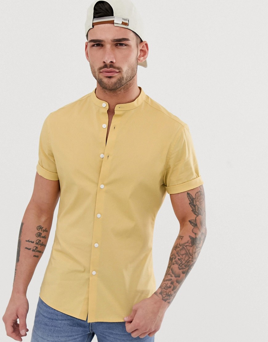 ASOS DESIGN – Senapsgul stretchskjorta med extra smal passform och murarkrage