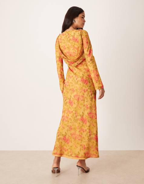 ASOS DESIGN - Sennepsfarvet maxikjole med blomsterprint og svaj i ærmerne - view 1