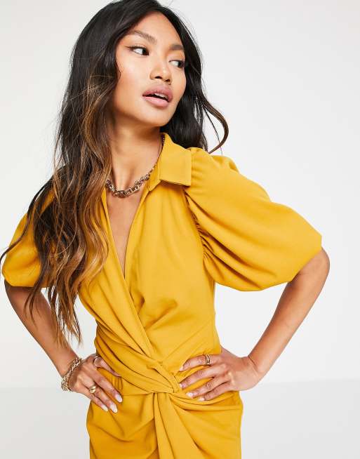 ASOS DESIGN - Sennepsgul midi-skjortekjole med slå-om- og knudedetaljer, 3 af 4