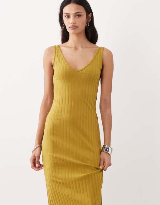 ASOS DESIGN - Sennepsgul ærmeløs midikjole i bredt ribstrik med V-hals, 2 af 4