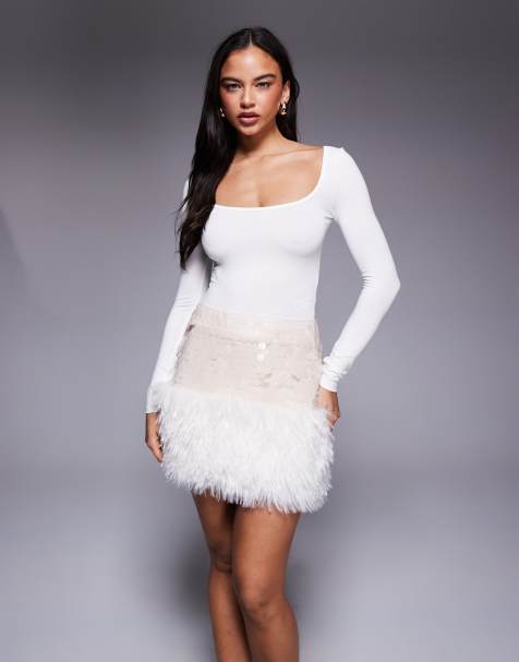 ASOS DESIGN sequin and faux fur mix mini skirt in cream - view 1