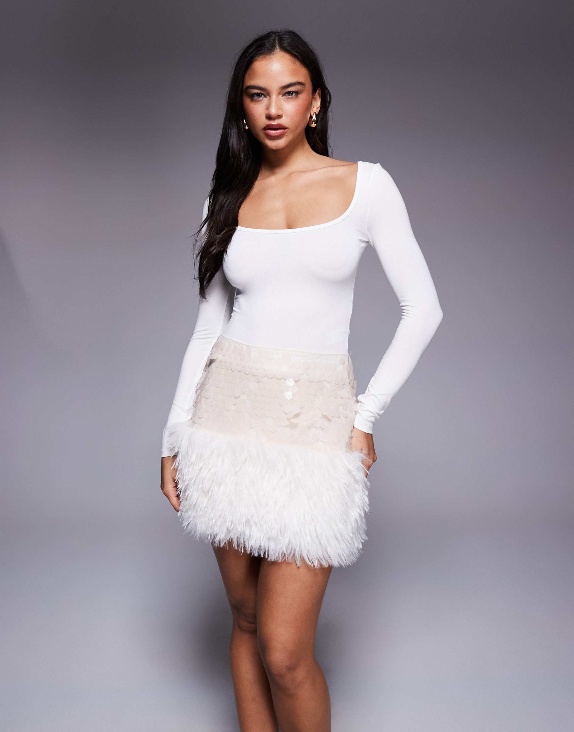 asos design sequin and faux fur mix mini skirt in cream
