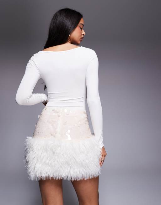 ASOS DESIGN sequin and faux-fur mix mini skirt in cream, 4 of 5
