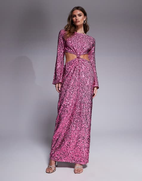 ASOS DESIGN sequin angel sleeve midi dress with cut outs and knot detail in bright pink - view 1
