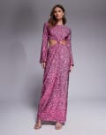 [ASOS DESIGN] ASOS DESIGN sequin angel sleeve midi dress with cut outs and knot detail in bright pink-Red S Red