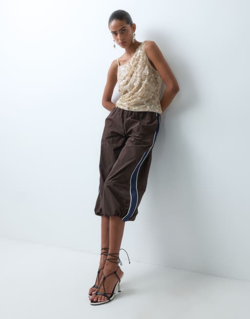ASOS DESIGN sequin asymmetric cami top with gathered shoulder in champagne (part of a set), 4 of 4
