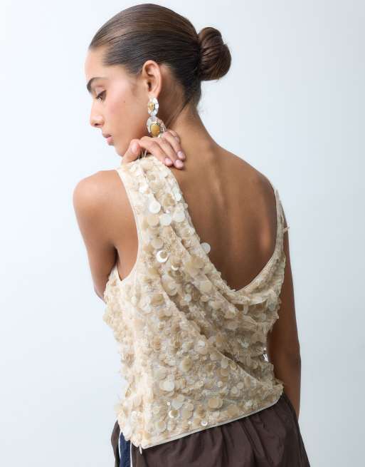 ASOS DESIGN sequin asymmetric cami with gathered shoulder in champagne - part of a set, 2 of 4