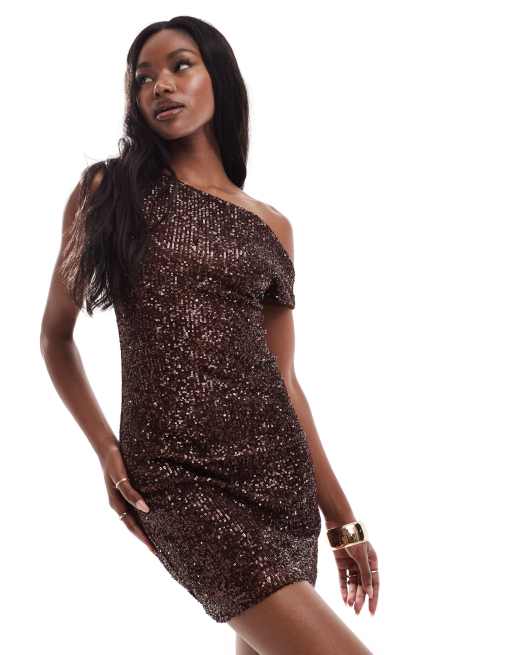 ASOS DESIGN sequin asymmetric off shoulder mini dress in chocolate