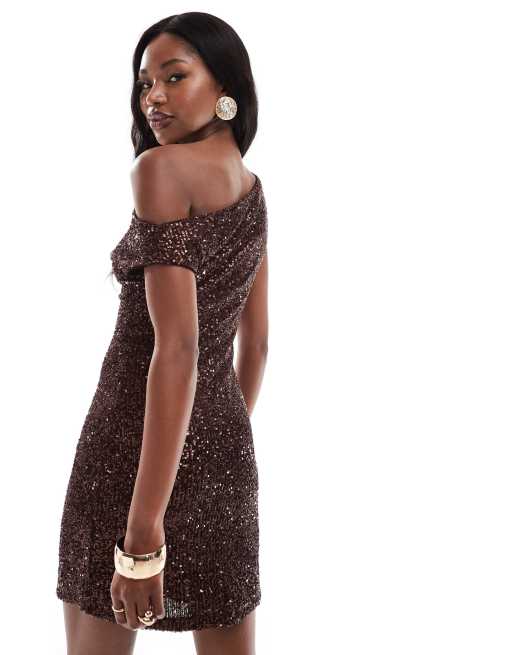 ASOS DESIGN sequin asymmetric off shoulder mini dress in chocolate