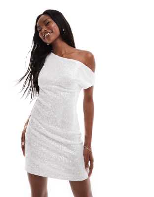 Asos Design Sequin Asymmetric Off The Shoulder Mini Dress In White