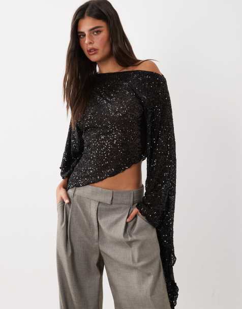 ASOS DESIGN sequin asymmetrical draped sleeve top in black - view 1