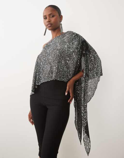ASOS DESIGN sequin asymmetrical off the shoulder cape sleeve top in silver, 3 of 4