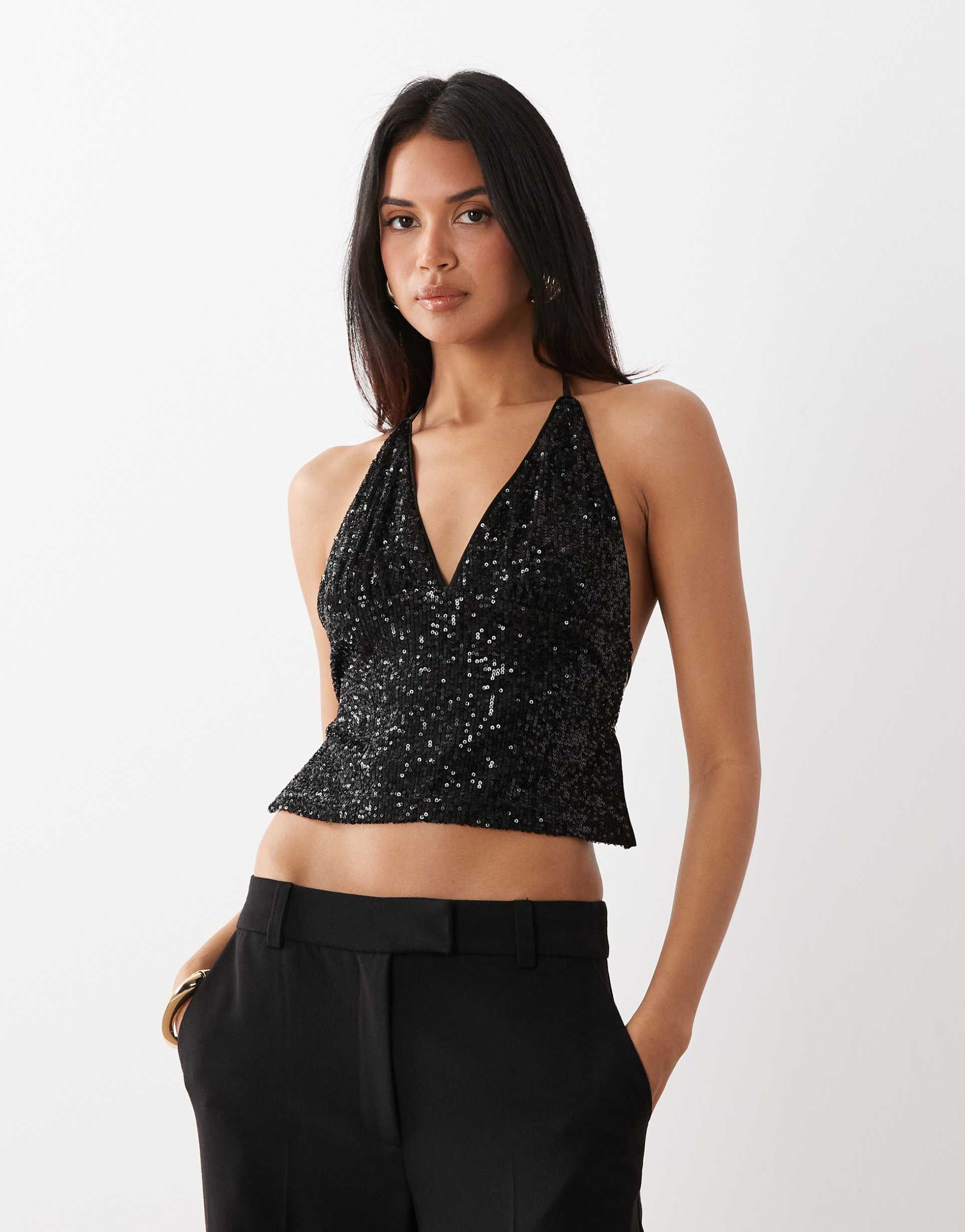 asos design sequin backless halter neck top in black