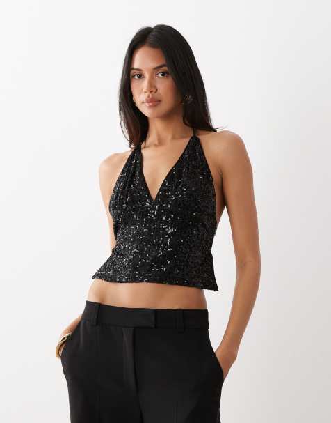 ASOS DESIGN sequin backless halter neck top in black