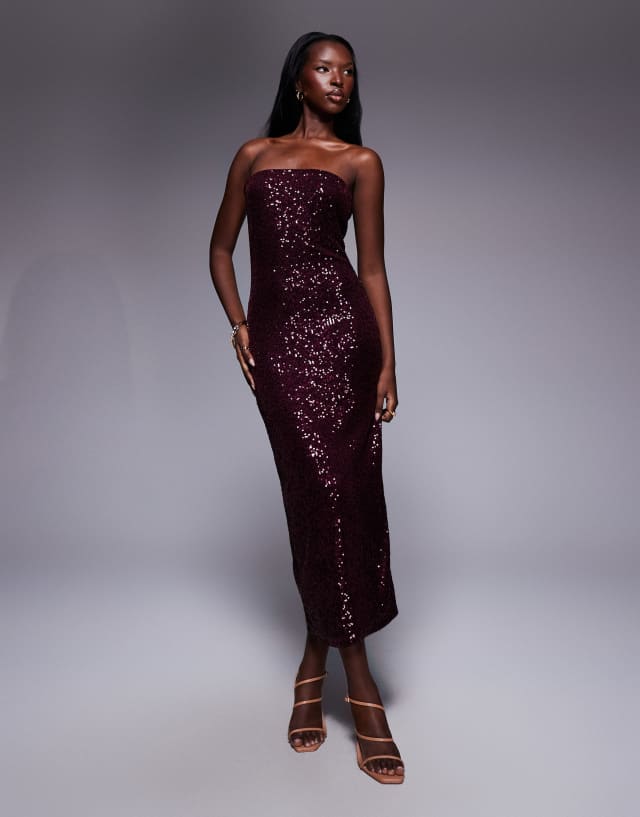 long strapless burgundy dress ASOS DESIGN sequin bandeau midi in Pattern_Leopard Lily Floral Print Strapless Sizes:US 14 Ankle length