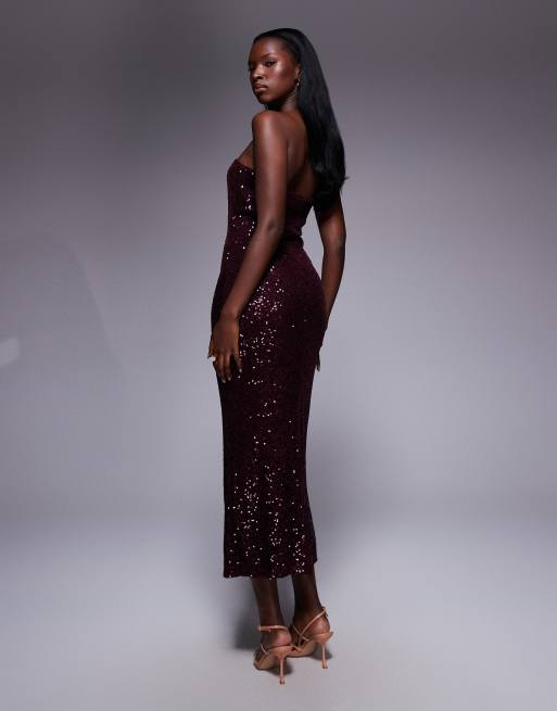 ASOS DESIGN sequin bandeau midi dress in burgundy