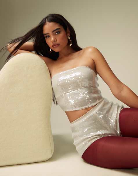 ASOS DESIGN sequin bandeau top in stone - view 1