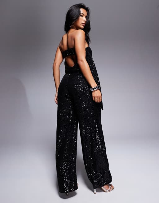 ASOS DESIGN sequin bandeau wide leg jumpsuit with draped back detailing in black
