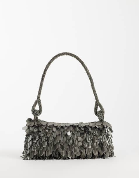 ASOS DESIGN sequin & bead shoulder bag in gunmetal silver - view 1