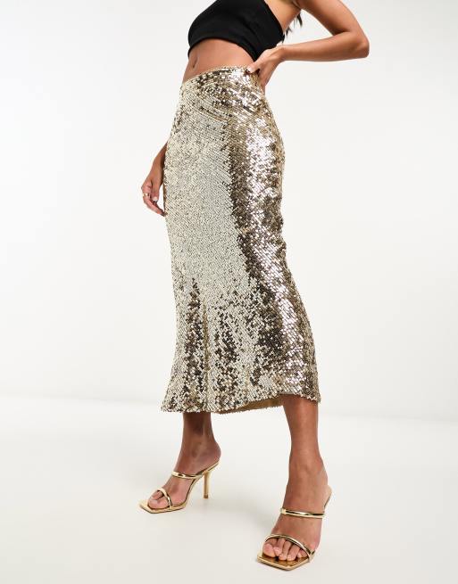 Asos gold cheap midi skirt